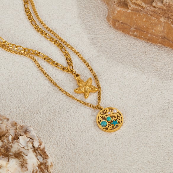 1 Piece Vacation Series Retro Starfish Stainless Steel Gold Color Women's Pendant Necklaces 2