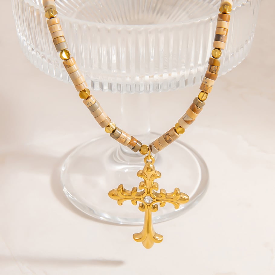 1 Piece Intricate Series Retro Cross Stainless Steel Gold Color Natural Stone Women's Beaded Necklaces Picture5