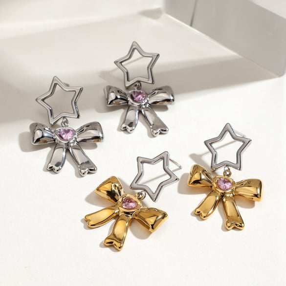 Ins Style Bow Stainless Steel MIxed Color Drop Earrings 2
