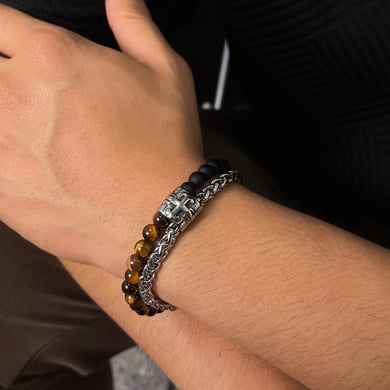 1 Piece Tiger-eye Stone Double-layer Stainless Steel Men's Beaded Bracelets h5 Picture5