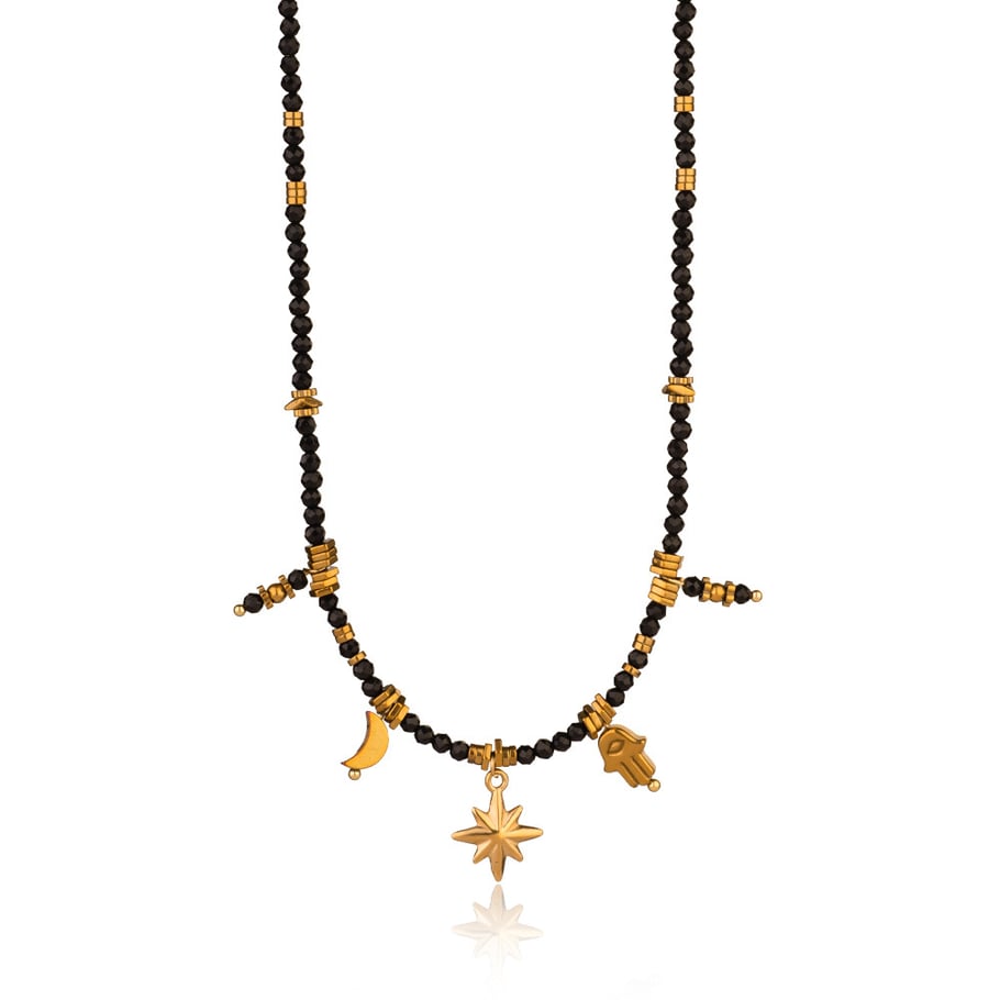 Black Spinel Moon Stainless Steel Women's Beaded Necklaces 