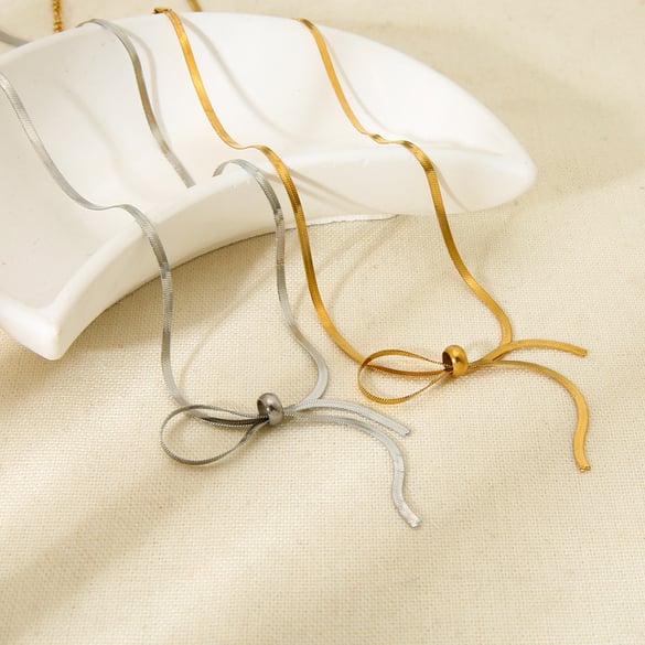 Simple Sophisticated Bow Shaped Gold Colored Stainless Steel Women's Necklaces 2