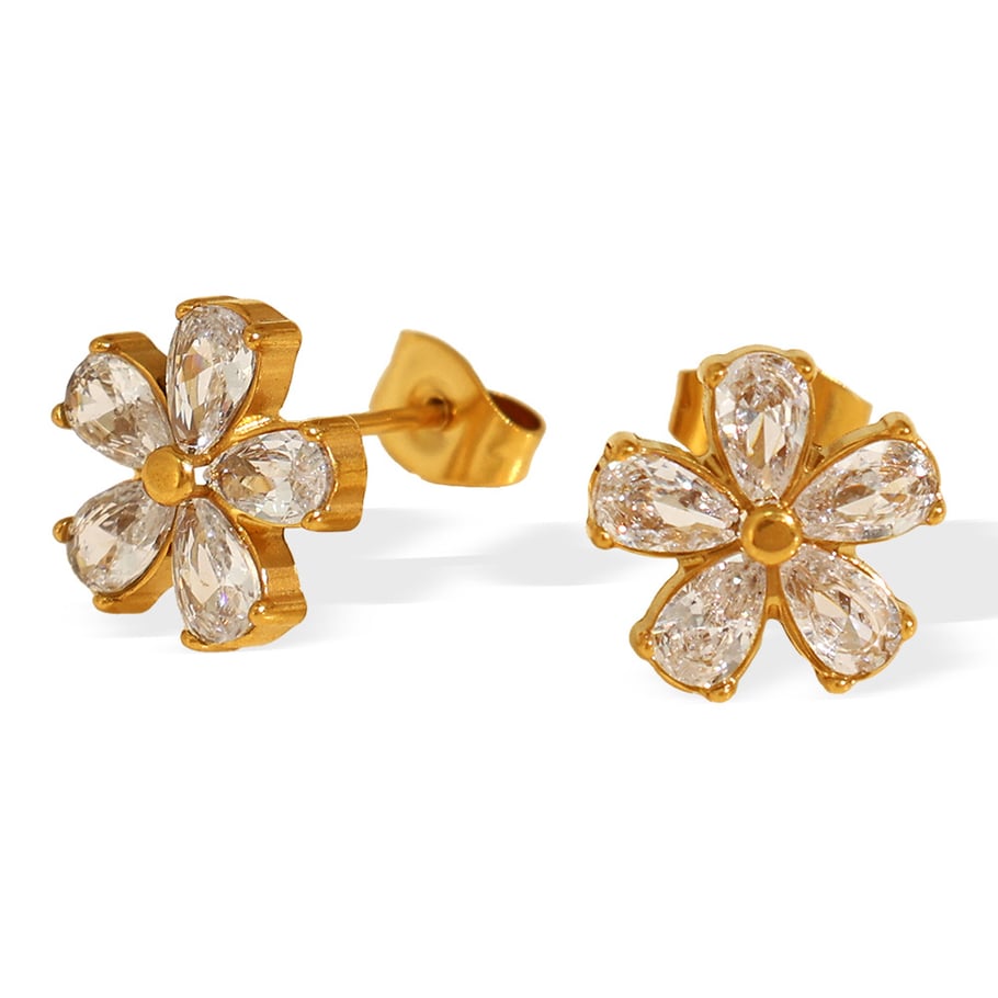 1 paio di orecchini a bottone in acciaio inossidabile color oro con fiore Immagine5