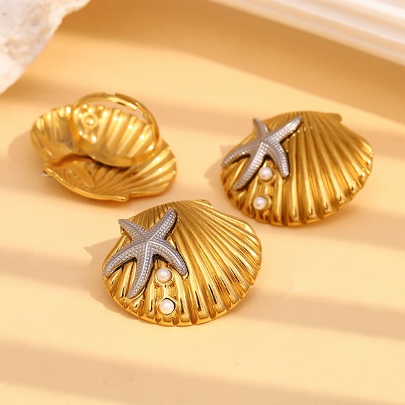 Boucles d&#39;oreilles à tige en acier inoxydable avec coquillage doré, collection Ocean, 1 pièce 2