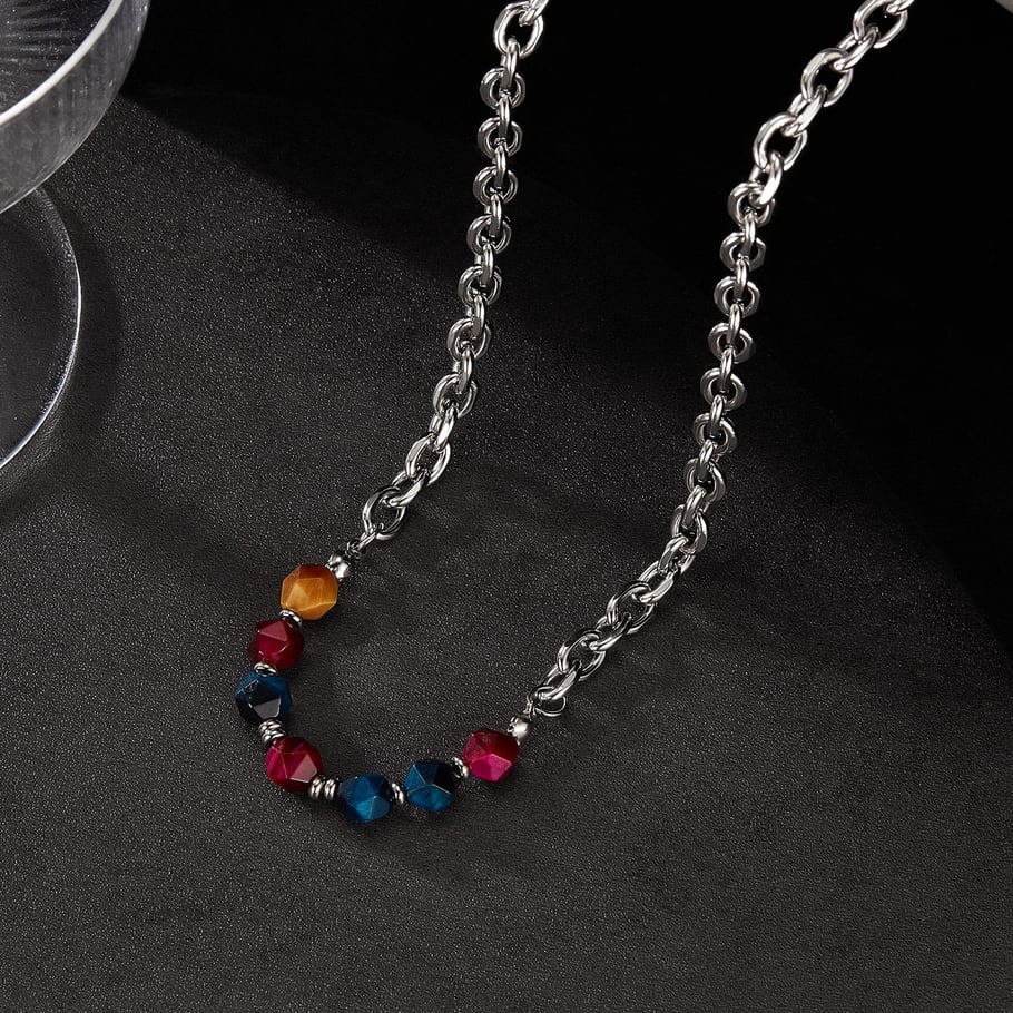 Versatile Colorful Natural Stone Stainless Steel Men's Chain Necklaces Picture3