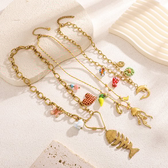 Sophisticated Vacation Fishbone Stainless Steel Gold Color Women's Pendant Necklaces