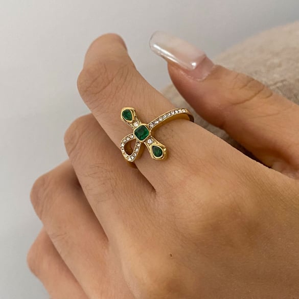 1 stuk Simple Series Retro Cross roestvrij staal goudkleurige strass dames enkele ringen