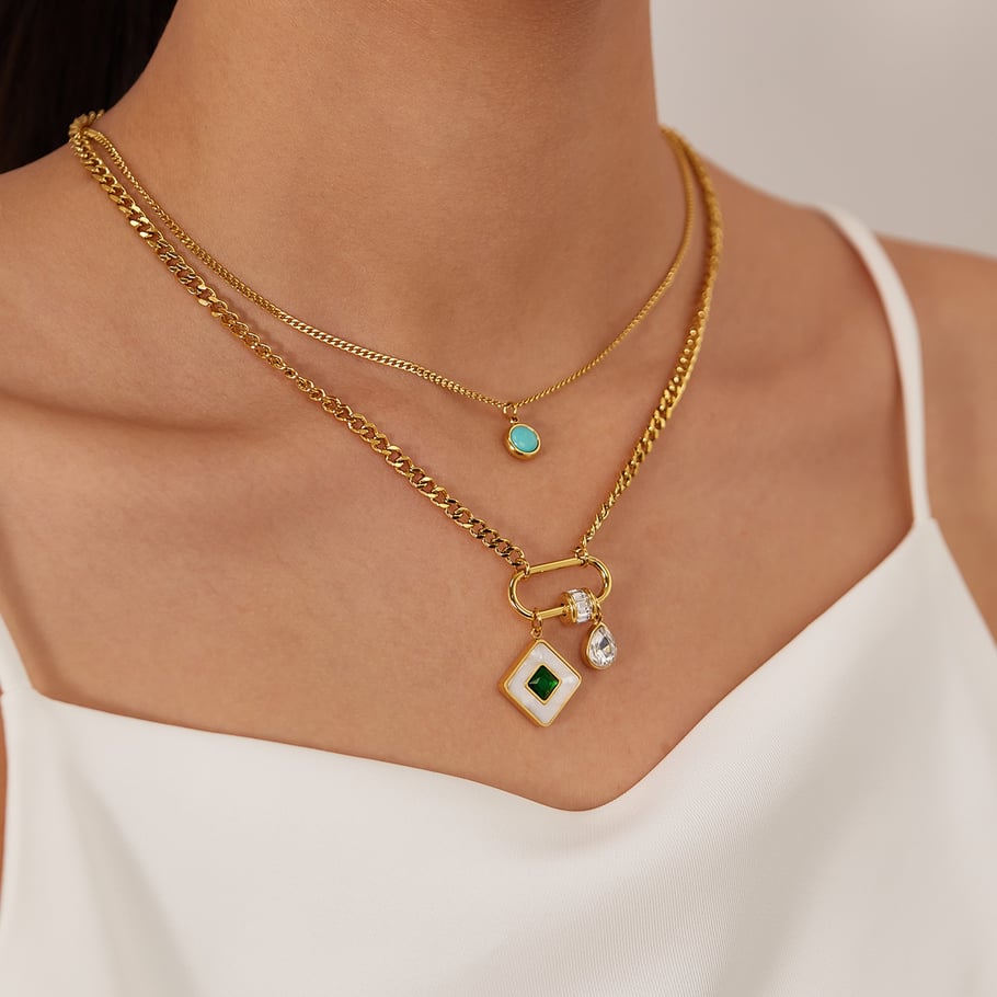 Collares en capas de acero inoxidable dorados con diseño geométrico diario de serie simple de 1 pieza para mujer Imagen4