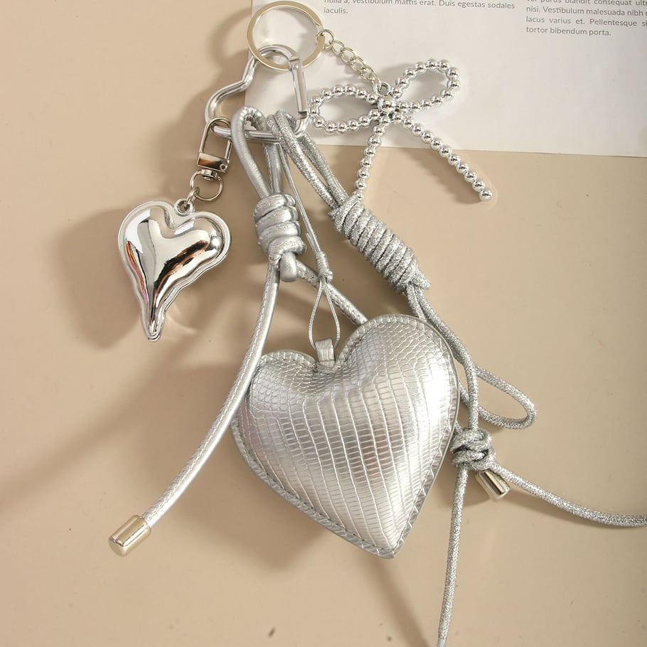 Premium Feel Silver PU Heart Bow Braided Rope Women's Bag Charms Picture4