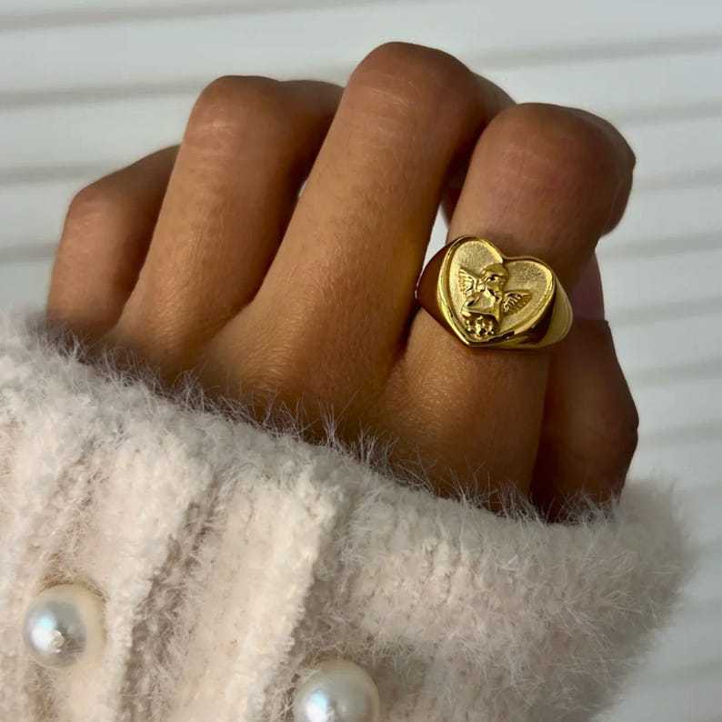 Ins Style Heart Angel Stainless Steel Gold Color Statement Rings Picture4