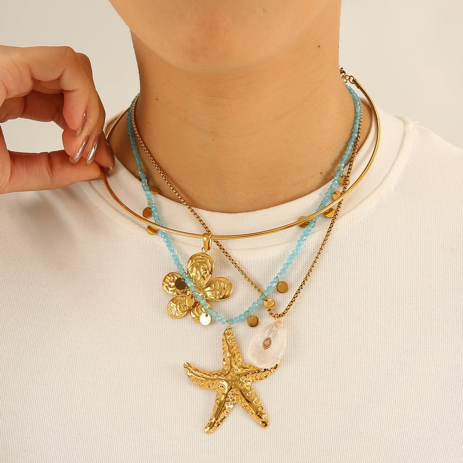 Collares colgantes de acero inoxidable dorados con estrellas de mar oceánicas para mujer h5Imagen6