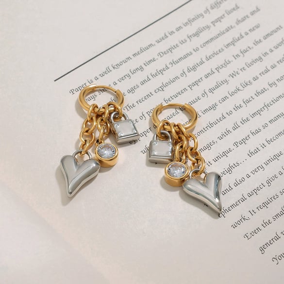 1 pair  heart & block stainless steel gold color women's drop earrings 2