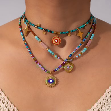 Polychrome Eye Stainless Steel Gold Color Women's Beaded Necklaces h5 Picture4
