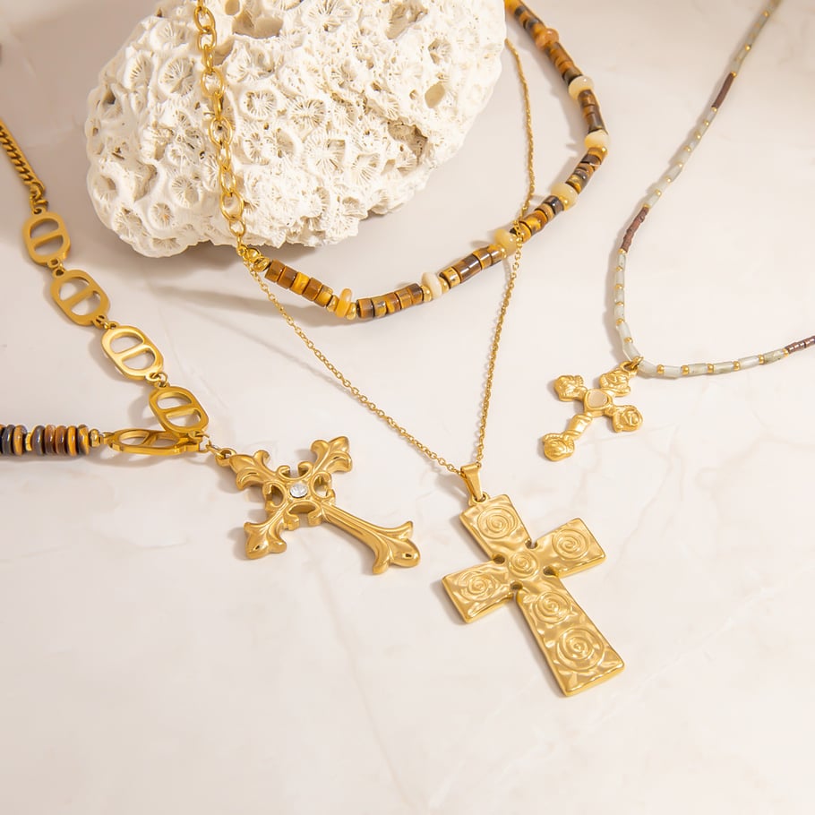 1 Piece Intricate Series Retro Cross Stainless Steel Gold Color Natural Stone Women's Beaded Necklaces Picture3