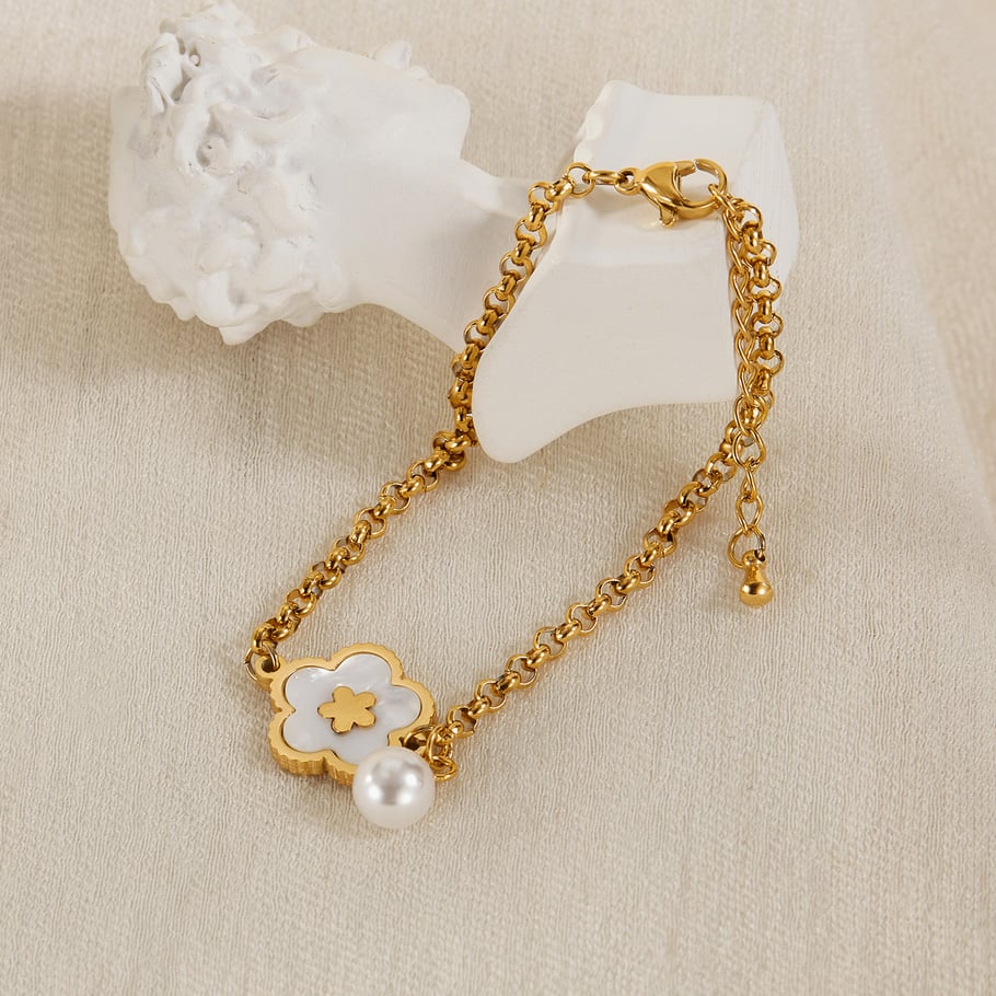 Pulseras con dijes de acero inoxidable dorado de 1 pieza con diseño de flor simple para mujer Imagen3