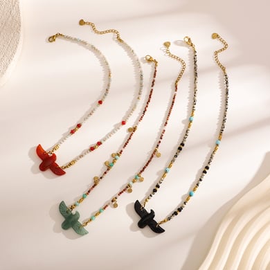 Classic Eagle Stainless Steel Gold Color Natural Stone Women's Beaded Necklaces h5 Picture4