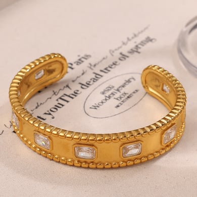 Bracelet manchette en acier inoxydable couleur or et zircon, 1 pièce h5 Image2