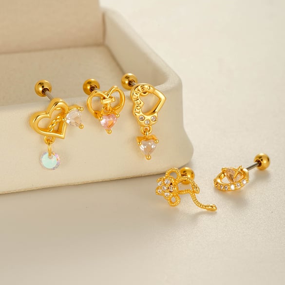 Pendientes de botón de acero de titanio con circonitas y corazón elegante para mujer, 1 pieza