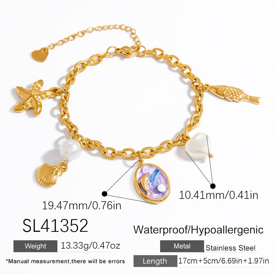Vacation Turtle Stainless Steel Gold Color Artificial Pearl Women's Charm Bracelets 