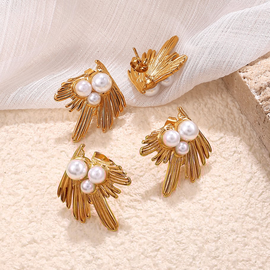 Feather Stainless Steel Gold Color Stud Earrings h5Picture2