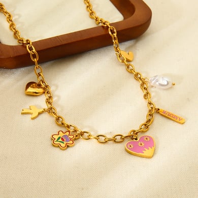 Collier pour femme en acier inoxydable avec pendentif en forme de cœur rose h5 Image3