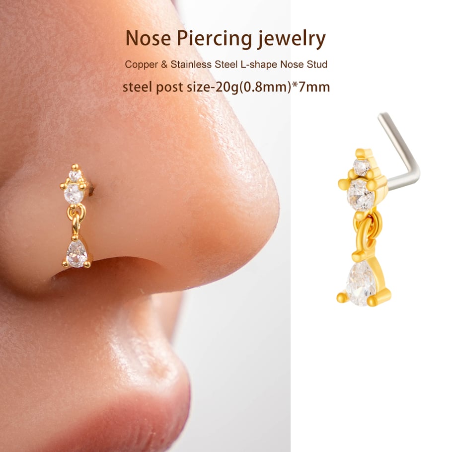 1 pièce de piercing de nez en forme de goutte en cuivre doré et zircon pour femme Image5