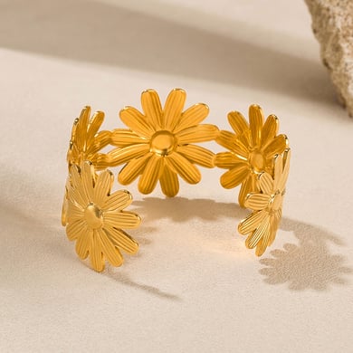 Pulseras de acero inoxidable color dorado con diseño retro de flores, serie simple, para mujer, 1 unidad h5 Imagen7