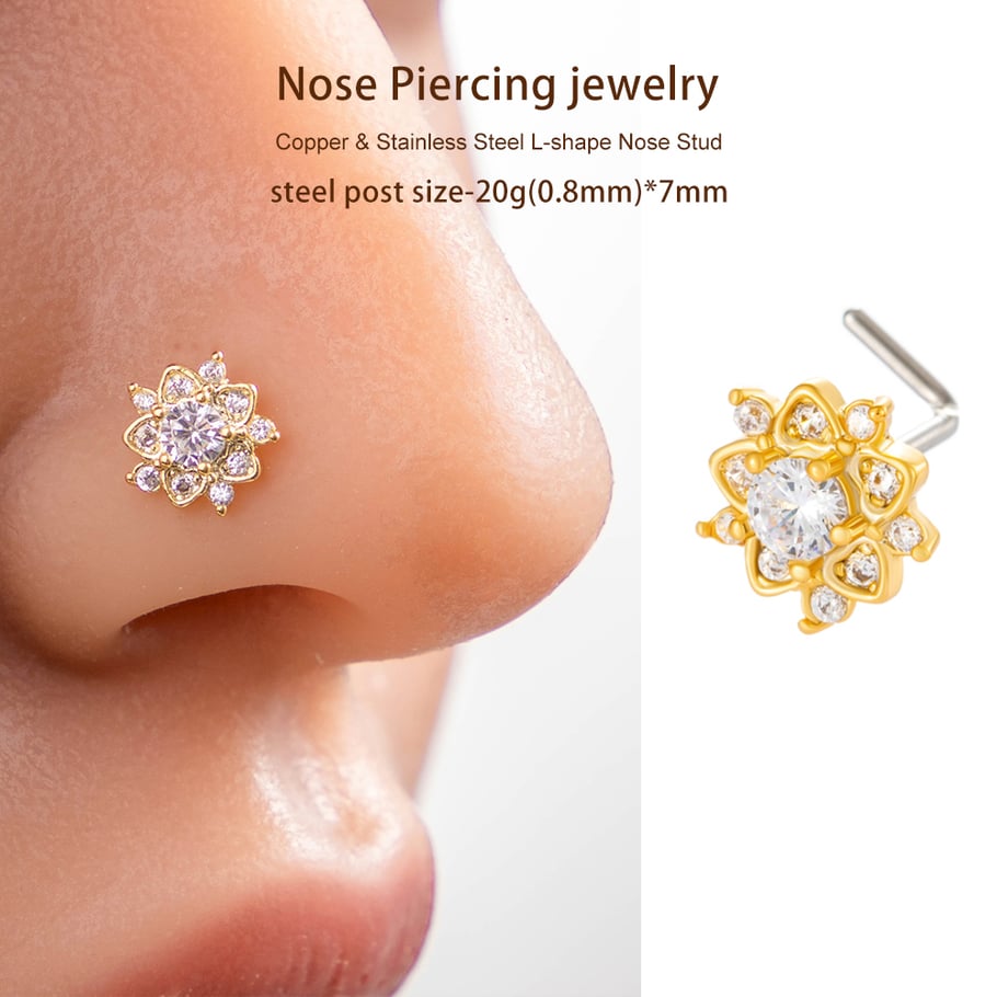 1 pièce de clou de nez luxueux en forme de fleur, couleur cuivre et or, serti de zircons pour femme Image5
