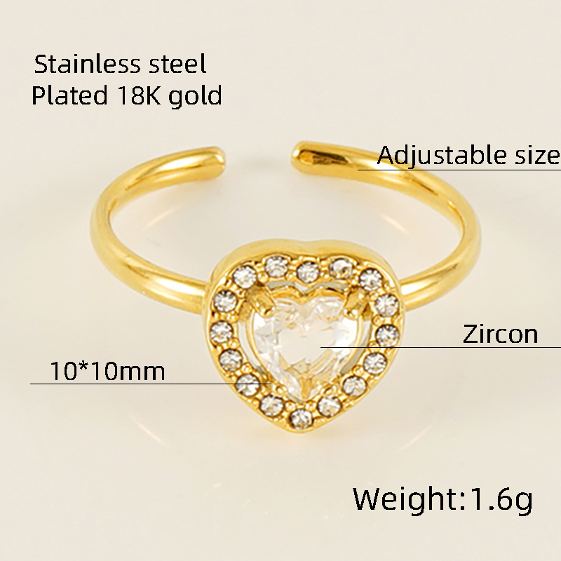 Anelli con pietre preziose color oro in acciaio inossidabile a forma di cuore Immagine2