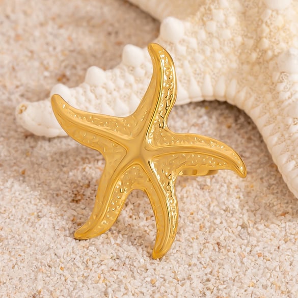 Anello da donna in acciaio inossidabile dorato con stella marina della serie Ocean