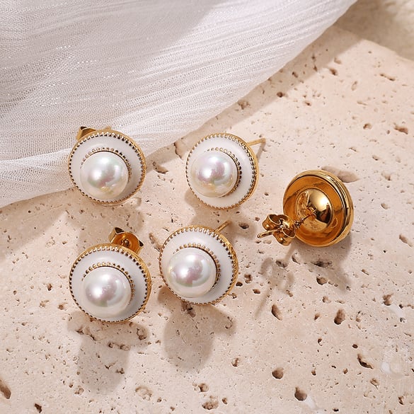 Eleganti orecchini a bottone in acciaio inossidabile color oro 2
