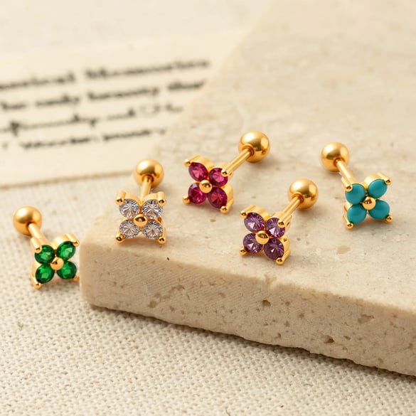 1 paire de boucles d&#39;oreilles piercing pour femme en forme de fleur simple, couleur cuivre et or, zircone