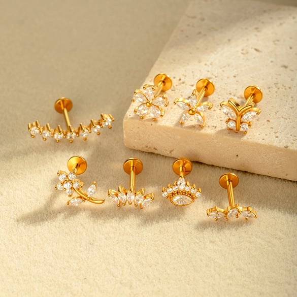 Flower Stainless Steel Gold Color  Zircon Piercings Earrings 2