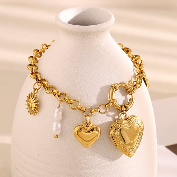Pulseras con dijes de corazón de acero inoxidable para mujer, serie clásica, 1 pieza
