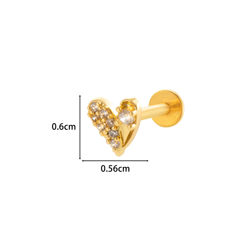 1 paire de boucles d&#39;oreilles piercing pour femme en forme de cœur simple, couleur cuivre et or, zircone Image2