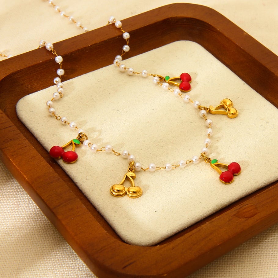 1 Paar romantische Serie süße Pflanze Edelstahl Gold Farbe künstliche Perle Damen Anhänger Halsketten Bild4