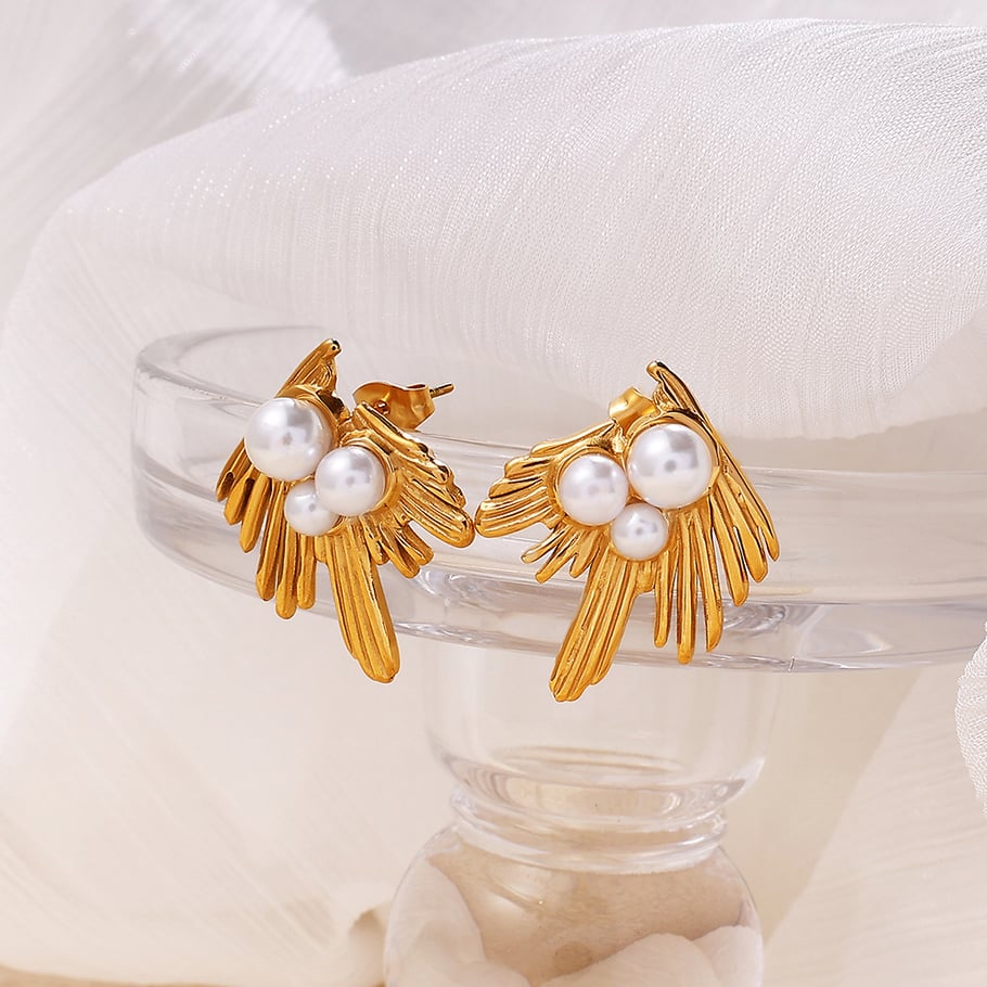 Feather Stainless Steel Gold Color Stud Earrings h5Picture3