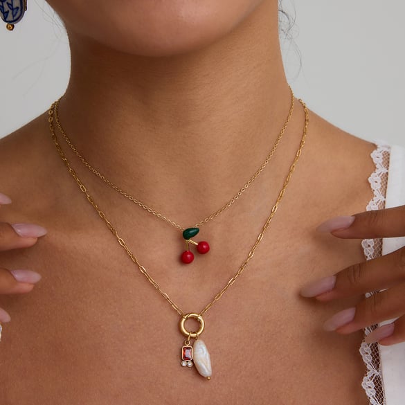 Cute Cherry Stainless Steel Gold Color Pendant Necklaces