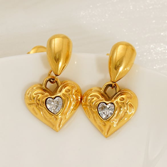Orecchini pendenti in acciaio inossidabile color oro con cuore retrò