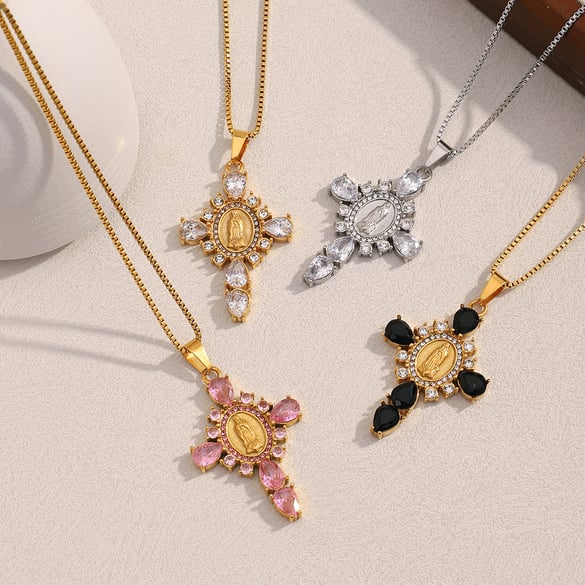 Colliers à pendentif croix classique en acier inoxydable pour femmes, série luxueuse 2