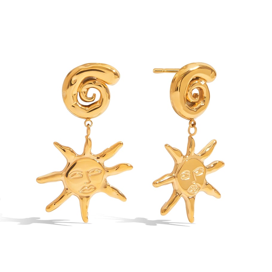 Retro Sun Stainless Steel Gold Color Drop Earrings 