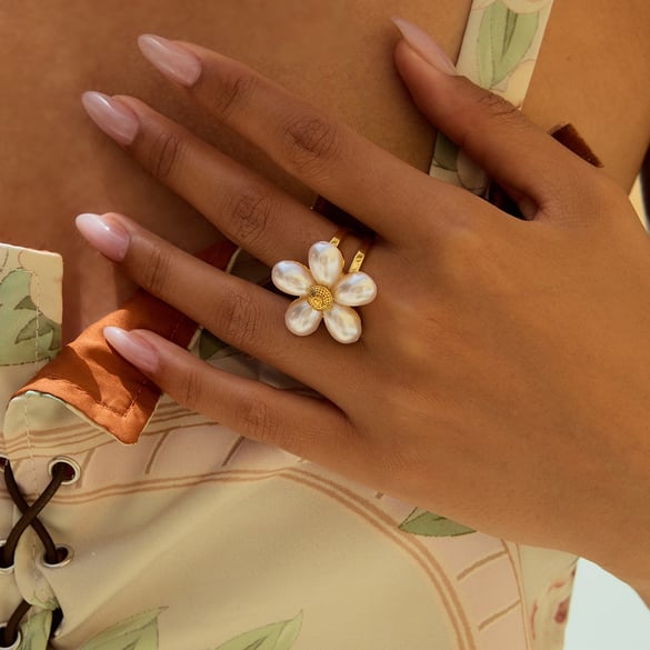 Romantic Flower Stainless Steel Gold Color Statement Ring 2