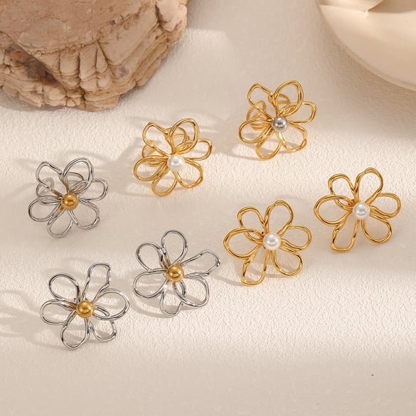 Conjuntos de pendientes de acero inoxidable color dorado con flores 2