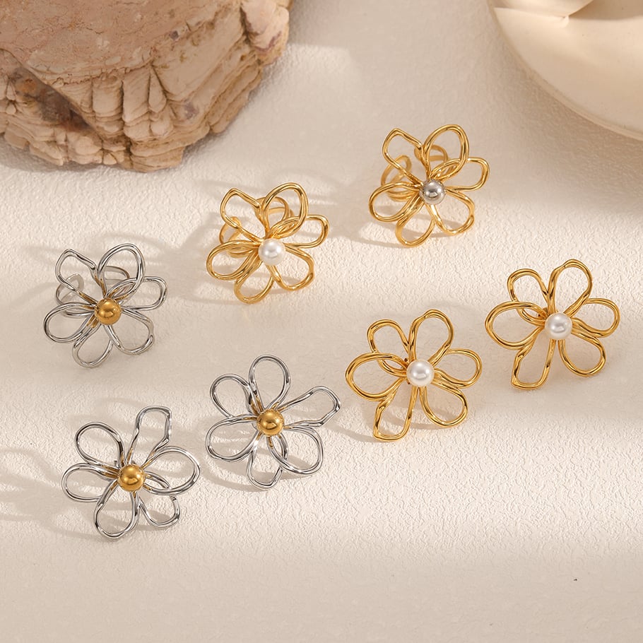 Conjuntos de pendientes de acero inoxidable color dorado con flores Imagen2