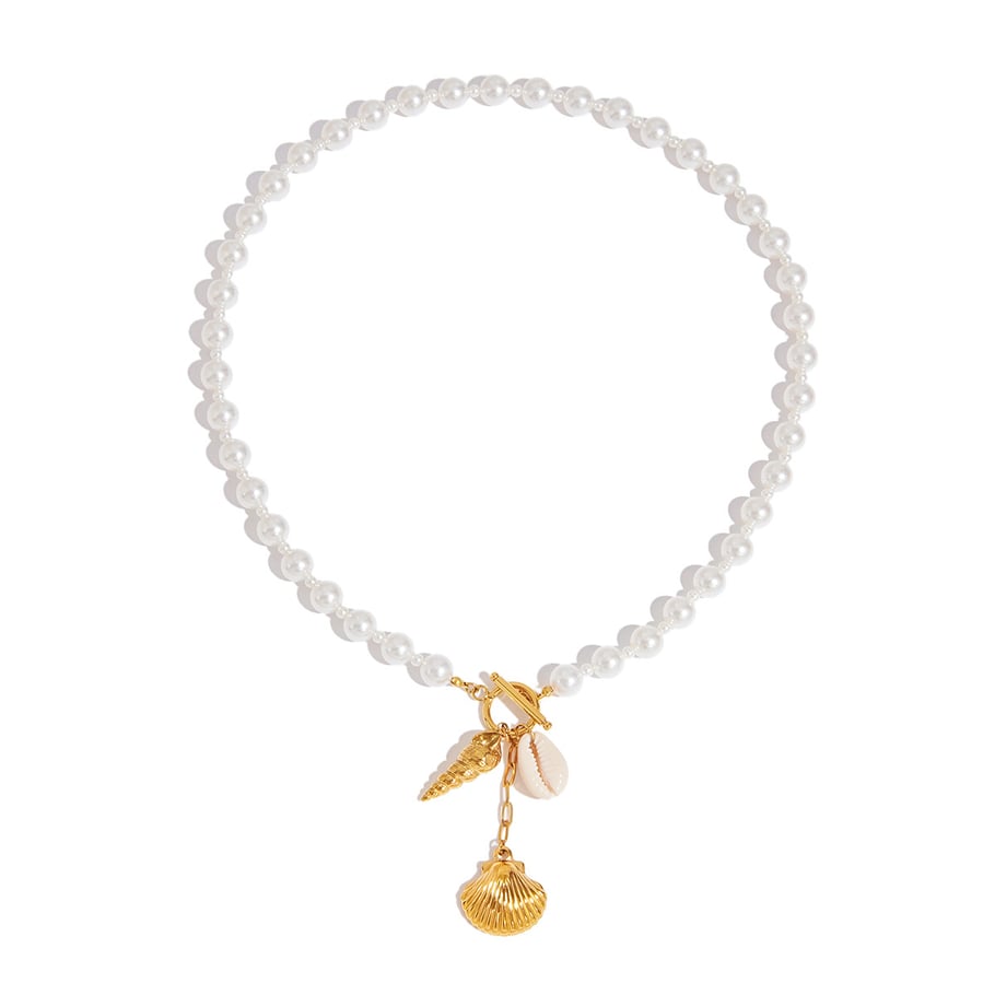 Oceanic Stainless Steel Gold Color Shell Beaded Necklaces 