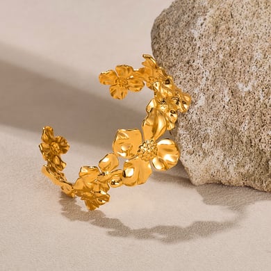 Bracelet manchette élégant en acier inoxydable doré pour femme, série simple, motif floral h5 Image5