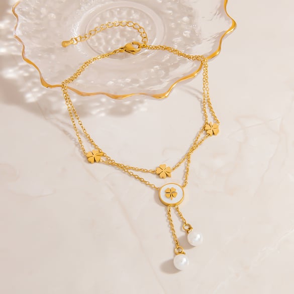 Cavigliere da donna in acciaio inossidabile color oro con perle artificiali e fiori classici