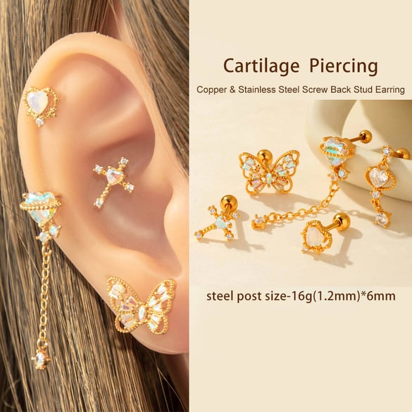 1 Çift Basit Seri Basit Kalp Bakır Altın Rengi Zirkonyum Kadın Piercing Küpe 2