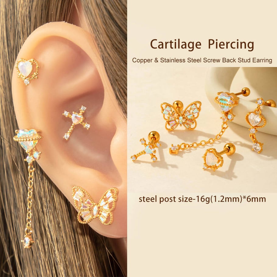 1 Çift Basit Seri Basit Kalp Bakır Altın Rengi Zirkonyum Kadın Piercing Küpe Resim3