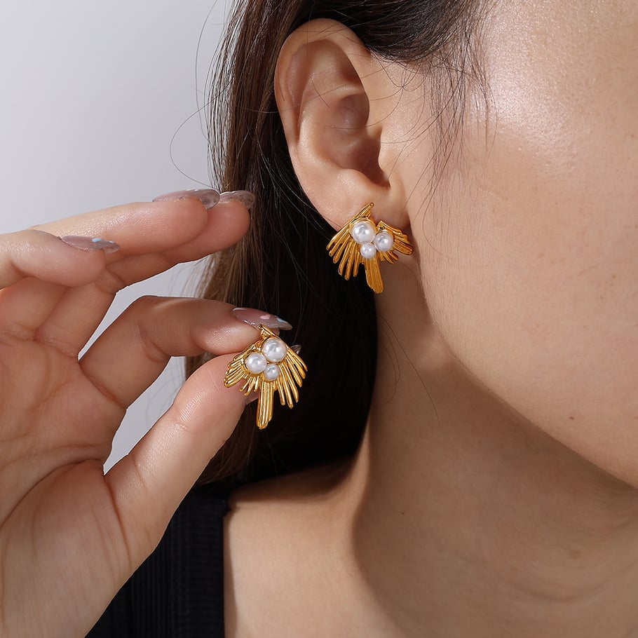 Feather Stainless Steel Gold Color Stud Earrings h5Picture5